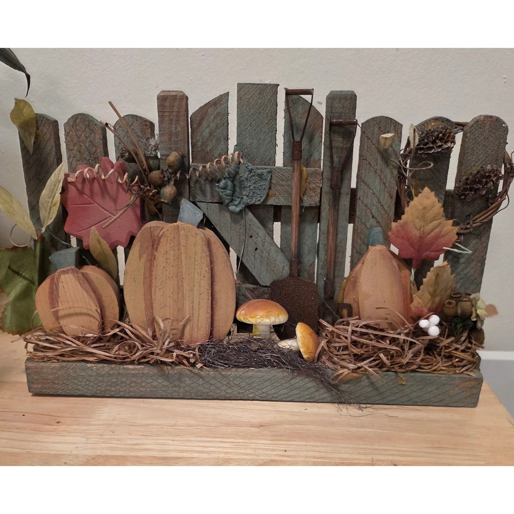 Wood Fence Harvest Decor Brown Pumpkin Mushroom Fall Rustic Garden tools